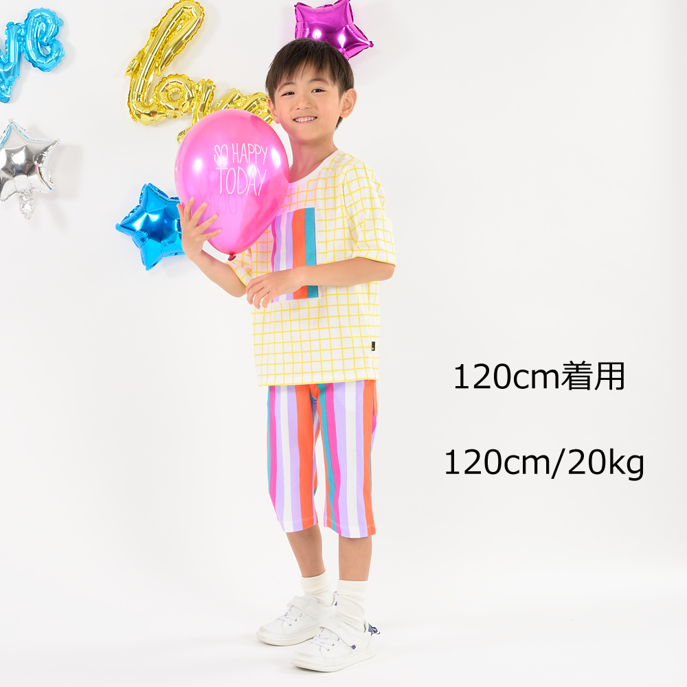 A30801Caldia (カルディア) マルチストライプ・チェック柄5分袖Tシャツ